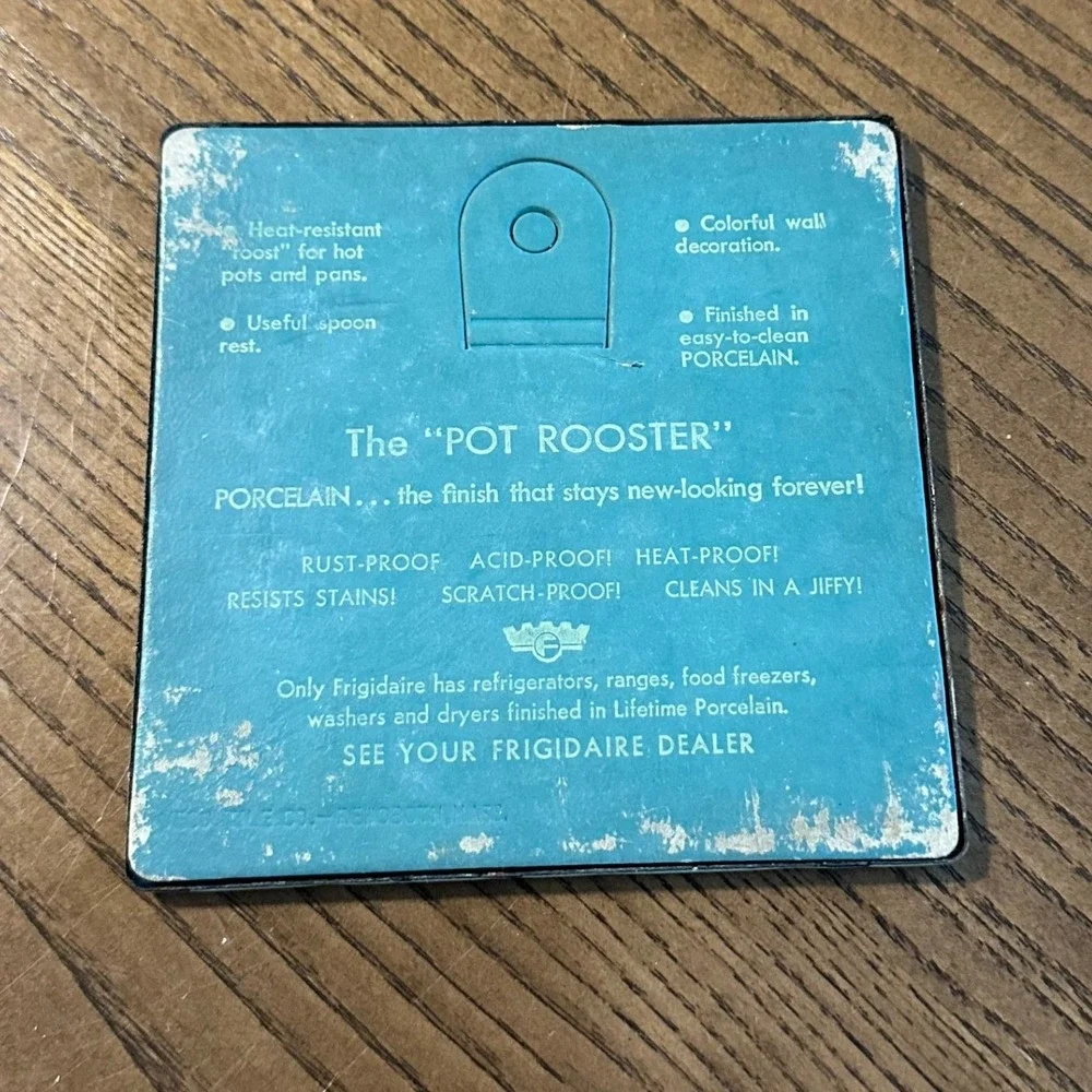 Vintage Frigidaire Pot Rooster Porcelain Enamel Trivet Aqua Mid Century Modern